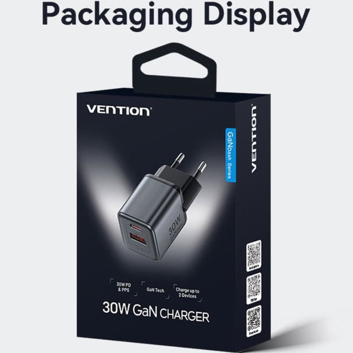 Vention Cargador de Pared GaN 30W con 2 Puertos USB (USB-C y USB-A) FEW-EU Vention Cargador de Pared GaN 30W con 2 Puertos USB (USB-C y USB-A) FEW-EU